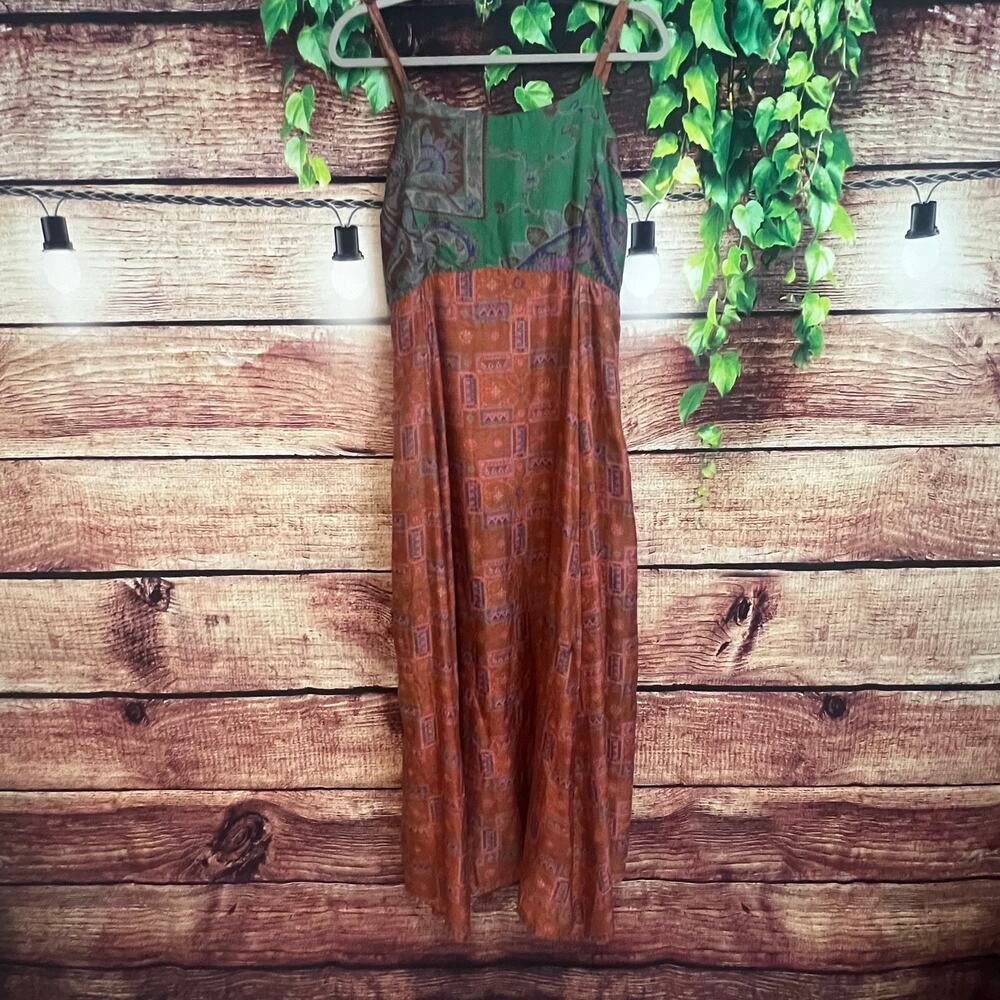 Guru 100% Silk Maxi Dress XL Sleeveless Boho Colorblock Floral Rust Orange Green